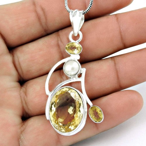 925 Silver Jewelry Traditional Citrine, Pearl Gemstone Pendant Wholesale