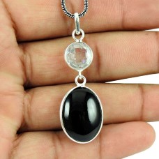 925 Sterling Silver Handmade Jewellery Stunning Black Onyx, Crystal Gemstone Pendant