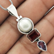 Daily Wear 925 Sterling Silver Pearl, Garnet, Amethyst Gemstone Pendant Handmade Jewelry C94