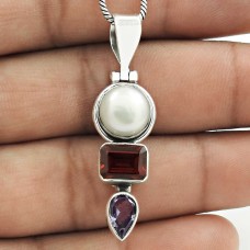 Latest Trend 925 Sterling Silver Pearl, Garnet, Amethyst Gemstone Pendant Vintage Jewelry C97