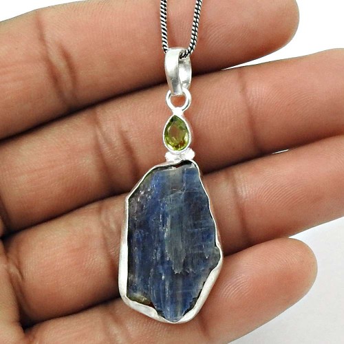 Kyanite Peridot Rough Stone Pendant Solid 925 Sterling Silver Indian Handmade Jewelry A14