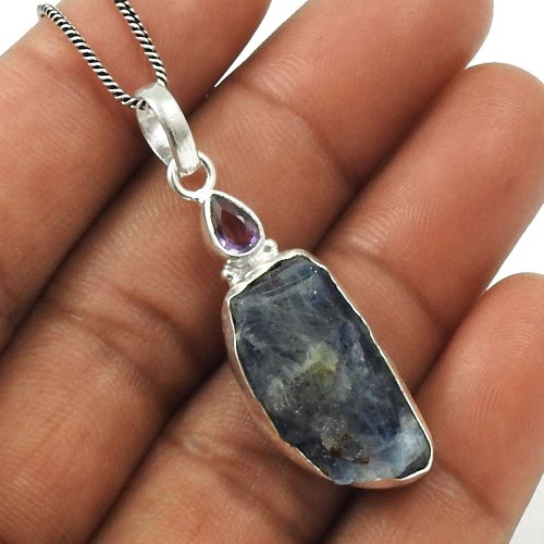 Kyanite Amethyst Rough Stone Pendant Solid 925 Sterling Silver Traditional Jewelry D14