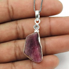 Ruby Blue Topaz Rough Stone Pendant Solid 925 Sterling Silver Handmade Jewelry I14