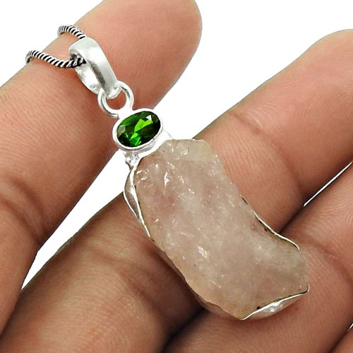 Rose Quartz Green Onyx Rough Stone Pendant Solid 925 Sterling Silver Indian Handmade Jewelry K14