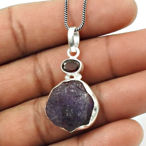 Amethyst Garnet Rough Stone Pendant Solid 925 Sterling Silver Handmade Indian Jewelry L14