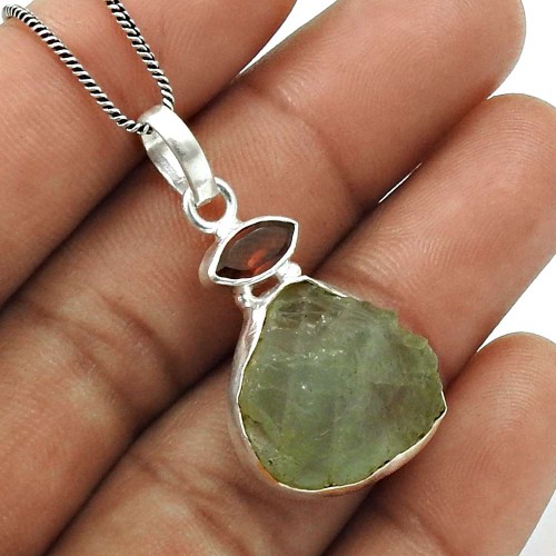 Garnet Prehnite Rough Stone Pendant Solid 925 Sterling Silver Traditional Jewelry N14