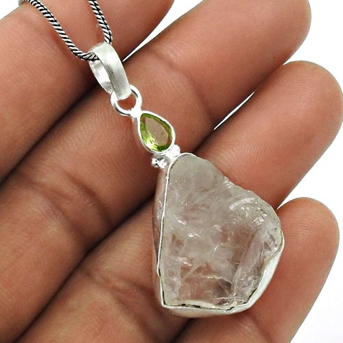 Crystal Peridot Rough Stone Pendant Solid 925 Sterling Silver Vintage Look Jewelry P14