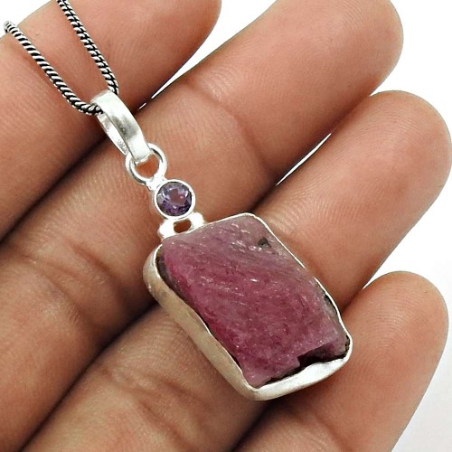 Ruby Amethyst Rough Stone Pendant Solid 925 Sterling Silver Tribal Jewelry R14