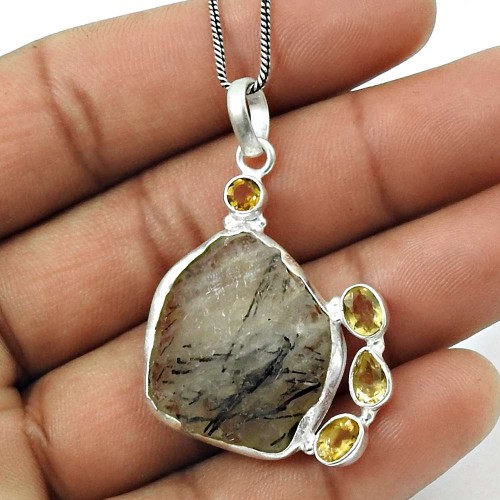 Black Rutile Citrine Rough Stone Pendant Solid 925 Sterling Silver Handmade Jewelry S14
