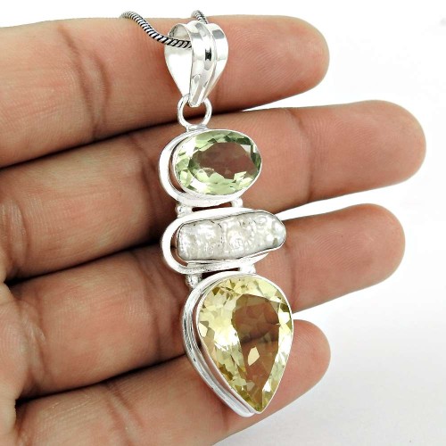 Awesome !! 925 Sterling Silver Citrine, Freshwater Pearl, Green Amethyst Pendant