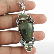 925 Sterling Silver Indian Jewelry Traditional Moss Agate, Green Amethyst, Amethyst Gemstone Pendant Fabricant