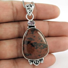 925 Sterling Silver Indian Jewelry Traditional Brown Obsidian, Amethyst Gemstone Pendant Fabricante