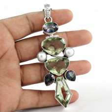925 Sterling Silver Jewelry Ethnic Green Amethyst, Pearl, Mystic Topaz Gemstone Pendant Exporter India