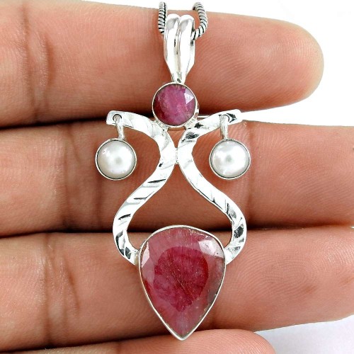 Indian Sterling Silver Jewelry Ethnic Ruby, Pearl Gemstone Pendant Exporter
