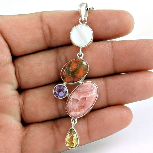 925 Sterling Silver Vintage Jewelry Ethnic Citrine, Amethyst, Rhodochrosite, Red Turquoise, Mother of Pearl Gemstone Pendant Wholesale