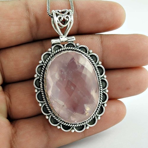 Big New Awesome! 925 Sterling Silver Rose Quartz Pendant