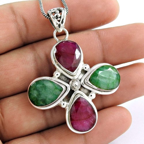 Bright Side! 925 Sterling Silver Ruby, Emerald Pendant
