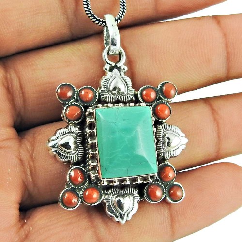 925 Sterling Silver Jewellery Ethnic Coral, Turquoise Gemstone Pendant Fabricante
