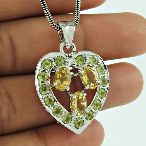 Party Wear Citrine Peridot Heart Pendant 925 Sterling Silver Gift Jewellery