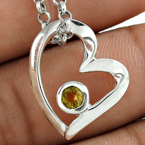 Classic Natural 925 Sterling Silver Citrine Gemstone Heart Pendant
