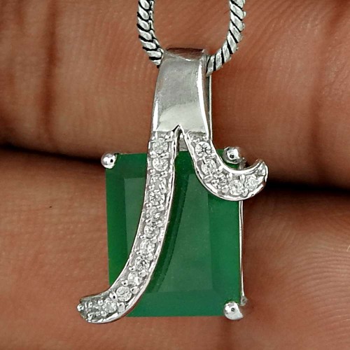 Big Excellent 925 Sterling Silver Green Onyx CZ Gemstone Pendant