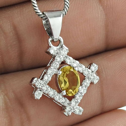 Masterly Designed Jewelry 925 Sterling Silver Citrine Gemstone With CZ Rhodium Plated Pendant