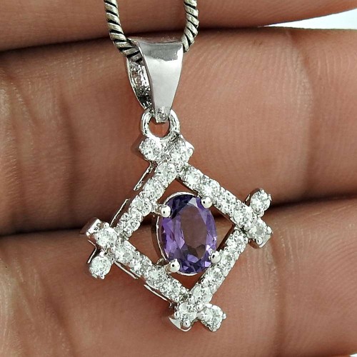 Masterly Designed Jewelry 925 Sterling Silver Amethyst Gemstone With CZ Rhodium Plated Pendant