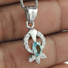 Stunning Designer Jewelry 925 Sterling Silver Blue Topaz Gemstone With CZ Rhodium Plated Pendant