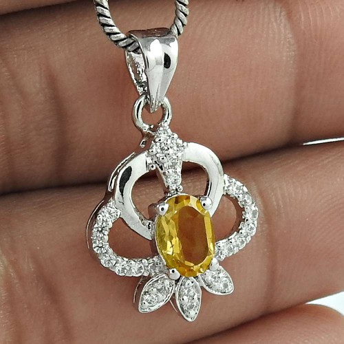 Headmost Trends 925 Sterling Silver Citrine Gemstone With CZ Rhodium Plated Pendant