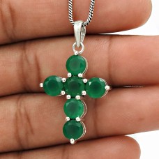 Green Onyx Gemstone Cross Pendant 925 Sterling Silver Stylish Jewelry IK26