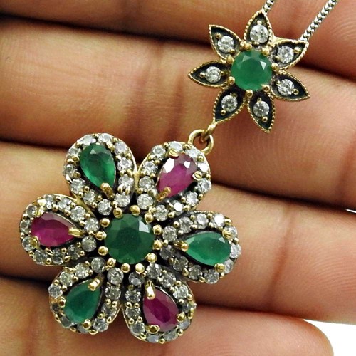 Emerald Ruby CZ Gemstone Pendant Solid 925 Sterling Silver Turkish Jewelry G15