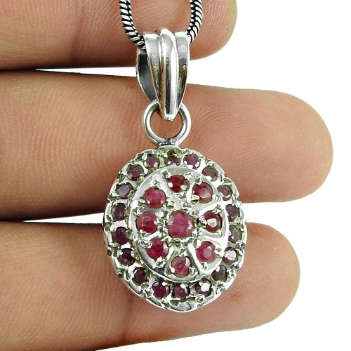 Natural Ruby Gemstone 925 Sterling Silver Ethnic Pendant Jewellery
