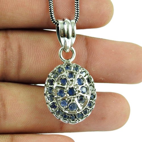 Natural Blue Sapphire Gemstone 925 Sterling Silver Ethnic Pendant Jewellery