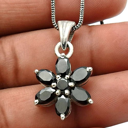 HANDMADE 925 Sterling Silver Jewelry Onyx Gemstone Flower Pendant K10