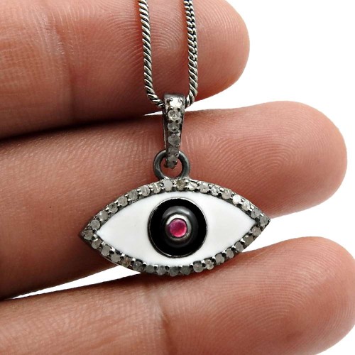 Black Rhodium Plated Ruby Diamond Eye Pendant 925 Sterling Silver Jewelry