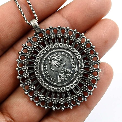 HANDMADE 925 Solid Sterling Silver Jewelry Victoria Coin Pendant R19