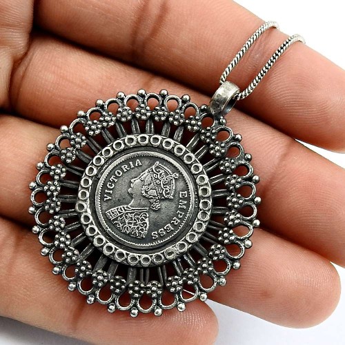 HANDMADE Jewelry 925 Sterling Silver Vintage Style Victoria Coin Pendant S19