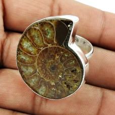 Stunning 925 Sterling Silver Ammonite Gemstone Ring Jewelry