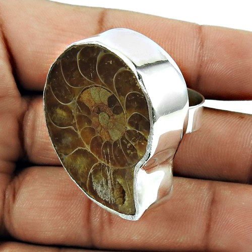 Rattling 925 Sterling Silver Ammonite Gemstone Ring Jewelry