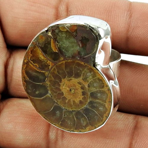 Lustrous 925 Sterling Silver Ammonite Gemstone Ring Ethnic Jewelry