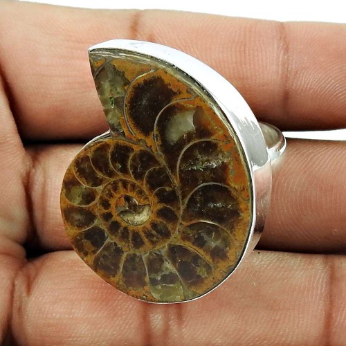 Dainty 925 Sterling Silver Ammonite Gemstone Ring Vintage Jewelry