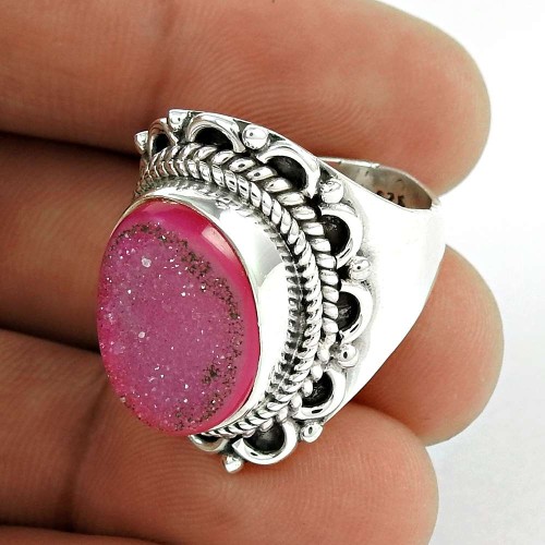 Pleasing 925 Sterling Silver Pink Druzy Ring Jewellery
