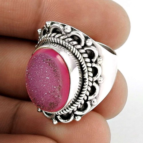 Perfect 925 Sterling Silver Pink Druzy Ring Jewellery