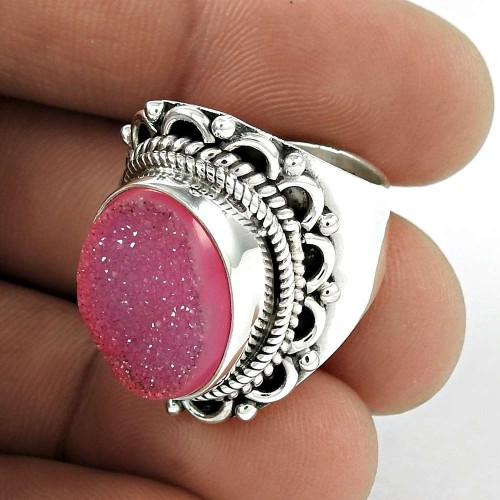 Well-Favoured 925 Sterling Silver Pink Druzy Ring Jewellery