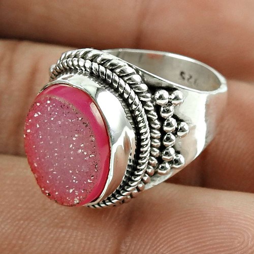 Daily Wear 925 Sterling Silver Pink Druzy Ring Jewellery