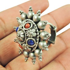 Oxidised 925 Sterling Silver Indian Jewellery Fashion Coral, Lapis Gemstone Designer Ring