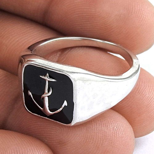 Personable 925 Sterling Silver Black Inlay Thor Hammer Ring Jewelry