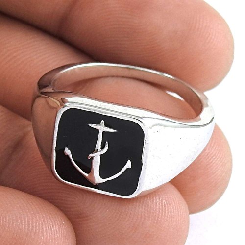 Classic 925 Sterling Silver Black Inlay Thor Hammer Ring Jewelry
