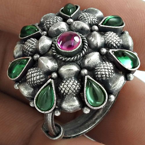 Oxidized 925 Sterling Silver Ruby Green Onyx Gemstone Ring Traditional Jewelry