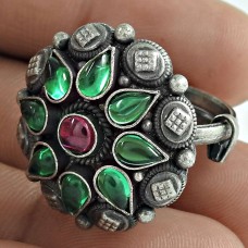 Vintage Look 925 Sterling Silver Ruby Green Onyx Gemstone Ring Oxidized Jewelry